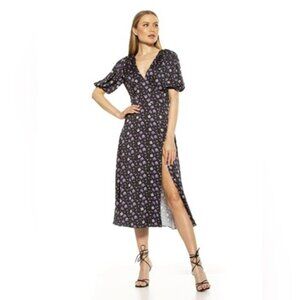 Alexia Admor Nola Lilac Ditzy Midi Dress Puff-Sleeve Fit & Flare Floral Slit 6